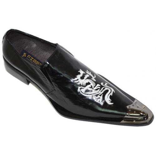 Fiesso Black with Silver Embroidered Fire Breathing Dragon Design Wrinkle Leather Shoes FI8065